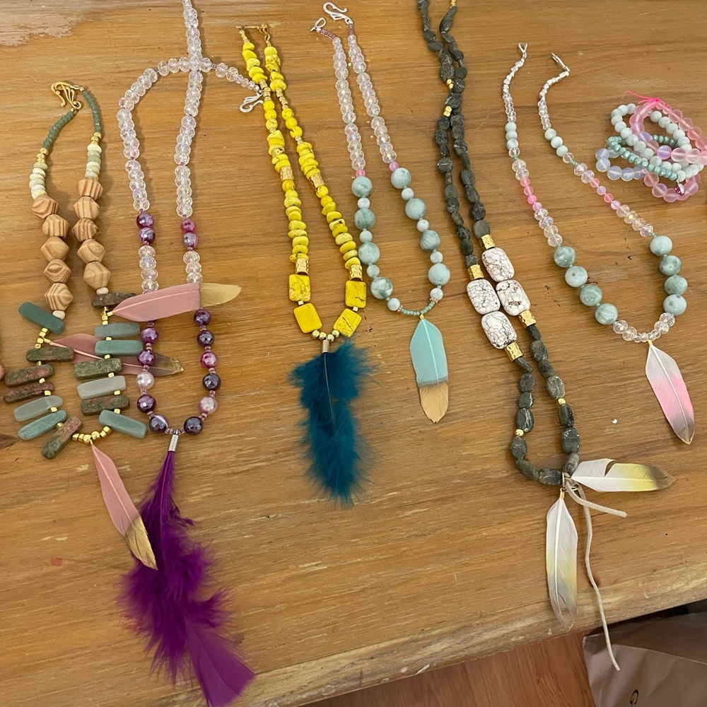 Feather pendant with gemstone beads and turquoise beads